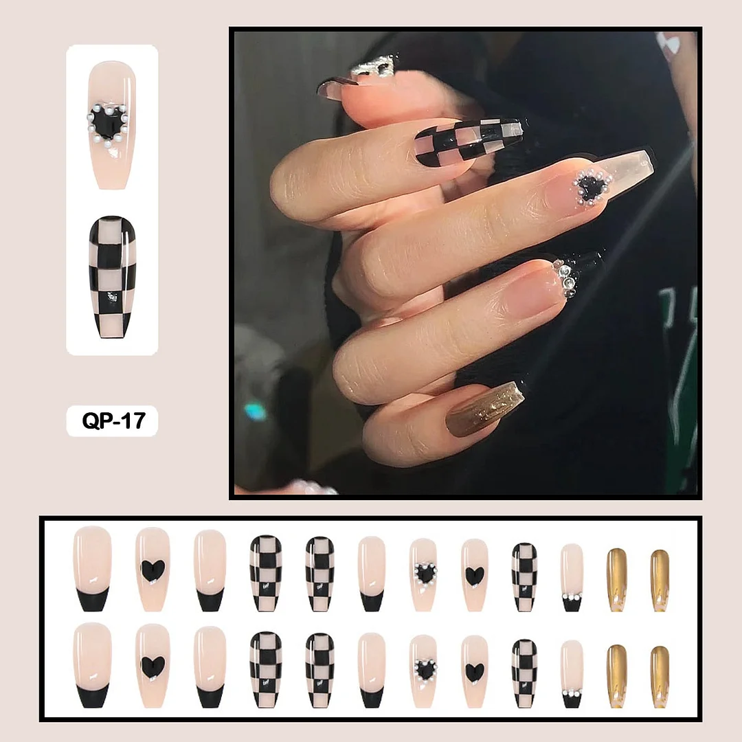 24pcs/box  Lovely Checked-pattern Press On Nails Full Cover Fake Nails With Glue Long Wearable False Nails WIth Wearing Tools-Nail Inspo