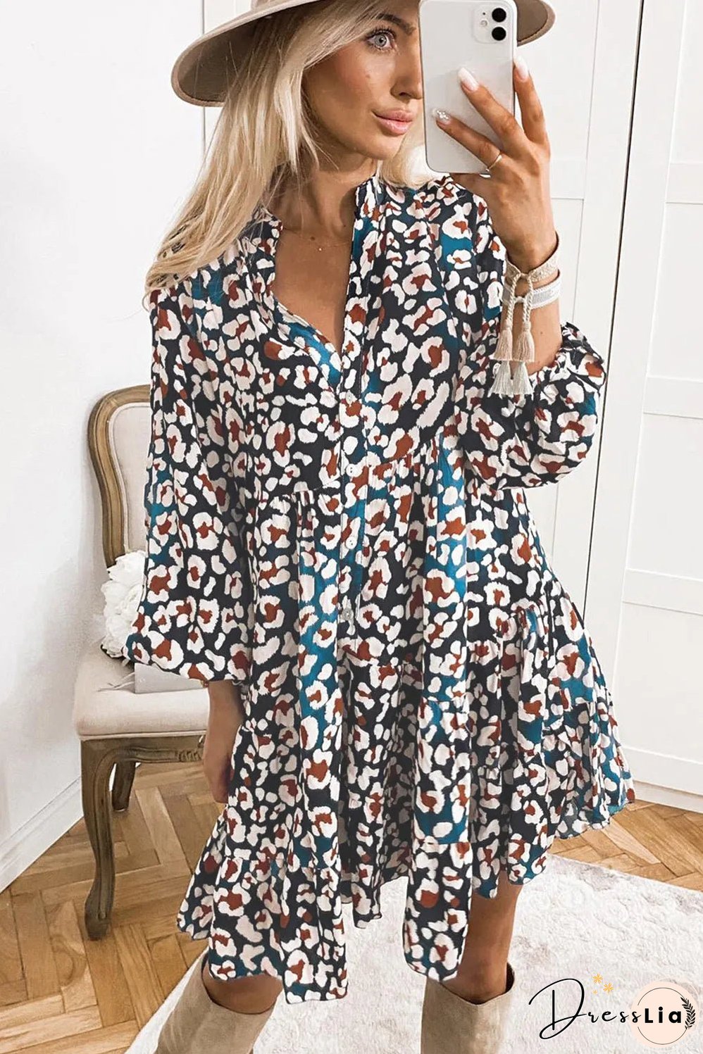 Blue Leopard Print Bubble Sleeve Ruffled Shirt Dress