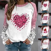 Giftitrends Valentine'S Day Women'S Blouse Casual Heart Printed Shirts Patchwork Round Neck Tops Autumn Long Sleeve Hoodless Pullovers
