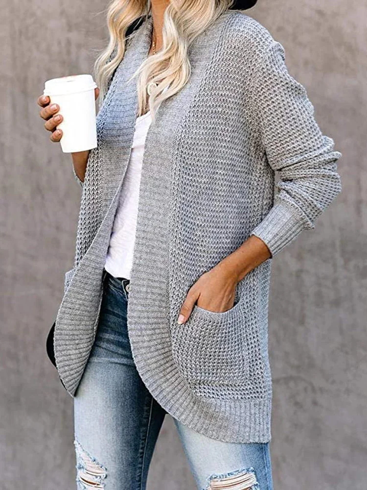 Women's Waffle Solid Color Stitching V-neck Long Sleeve Coat