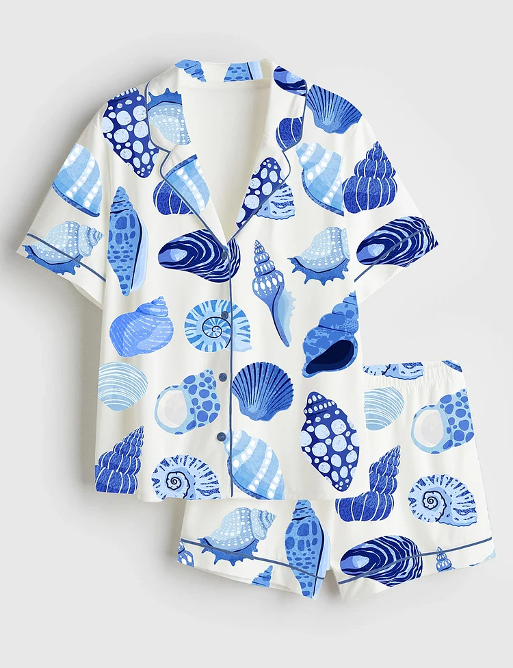 Women&rsquo;s Summer Trip Blue Shells Coastal Summer Beach Coastal Aesthetic Bachelorette Colorful Shells Short Sleeve Satin Pajama Set