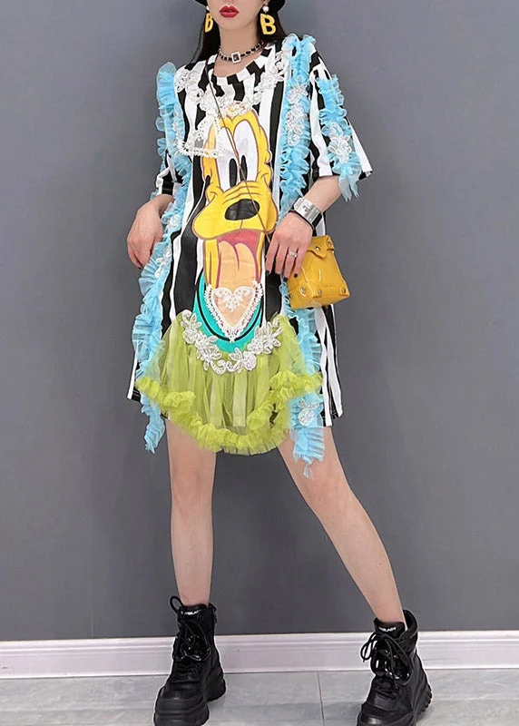5.5Italian Embroideried Ruffled Cartoon Striped Tulle Patchwork Tops Short Sleeve