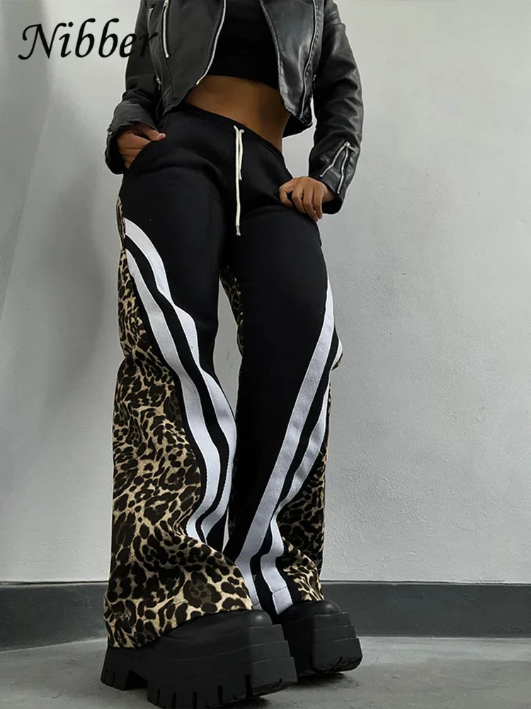 Hedirax  Side Stripe Women Flare Pants Autumn Hipster Leopard Patchwork Pocket Casual Wild Basic Street Sports Sweatpants Trousers