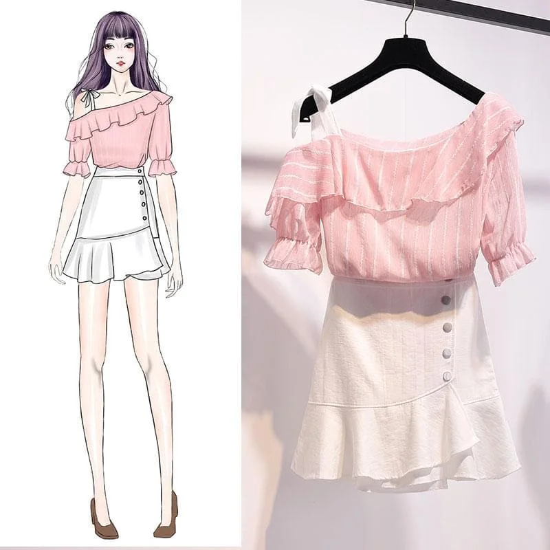 Pink/Blue/White Fairy Falbala Off-Shoulder Shirt/Skirt Set SP14090