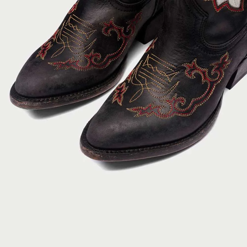  Patchwork Pattern Chunky Heel Round Toe Black Cowboy Boots for Women