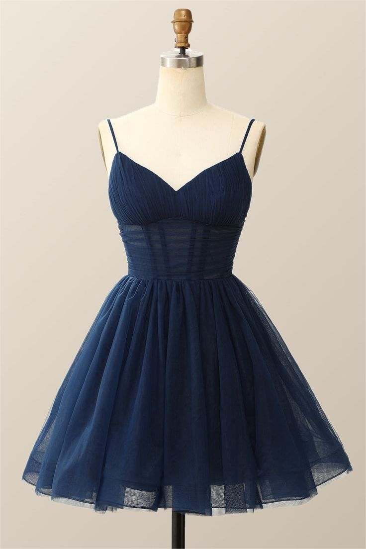 Simple Navy Blue Tulle Spaghetti Strap Sleeveless Pleated Short Homecoming Dress