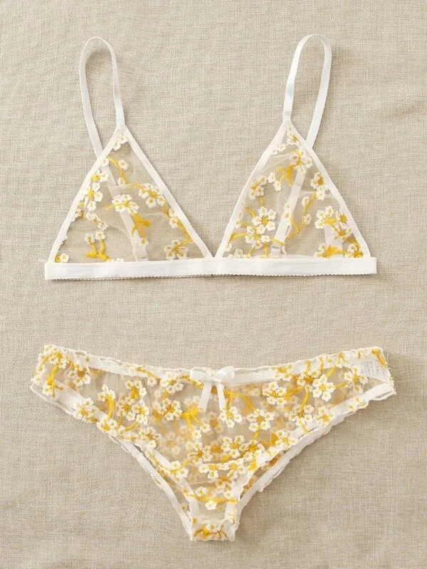 Uveng Sex Lingerie Sexy Girl Yellow Small Broken Flower Bikini Three-Point Set