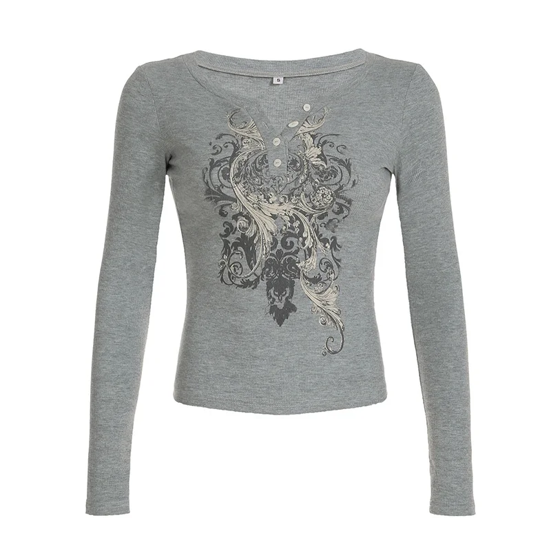 Ueong Print Button Half-Open Collar Long Sleeve T-Shirt Women's 2024 Autumn INS Knit New Top