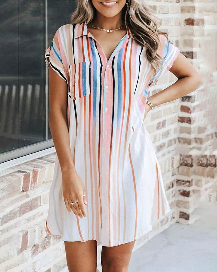 Colorful Striped Shirt Collar Mini Dress