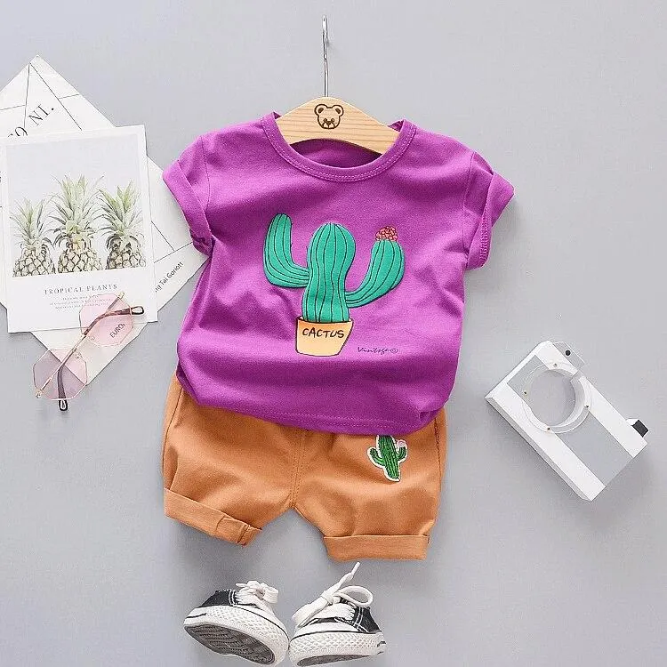 Boys Summer Clothing Toddler Boy 2021 Short Clothes Cactus O-neck T-shirt + Shorts Sets Baby Kids Clothes 1-4 Years