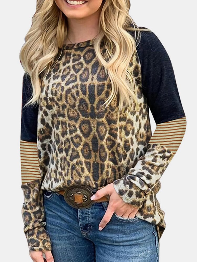 Leopard Patchwork Long Sleeve Casual T Shirt For Women P1769459