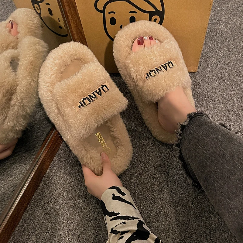 Yyvonne Plush Slippers Women Wear High-Level Spring And Autumn Leisure Home Thick Embroidery A Word Hairy Slippers