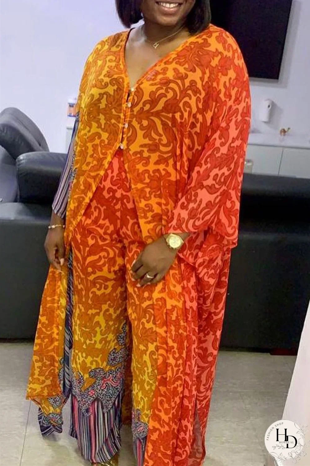 Blue Fashion Casual Print Slit V Neck Long Sleeve Two Pieces