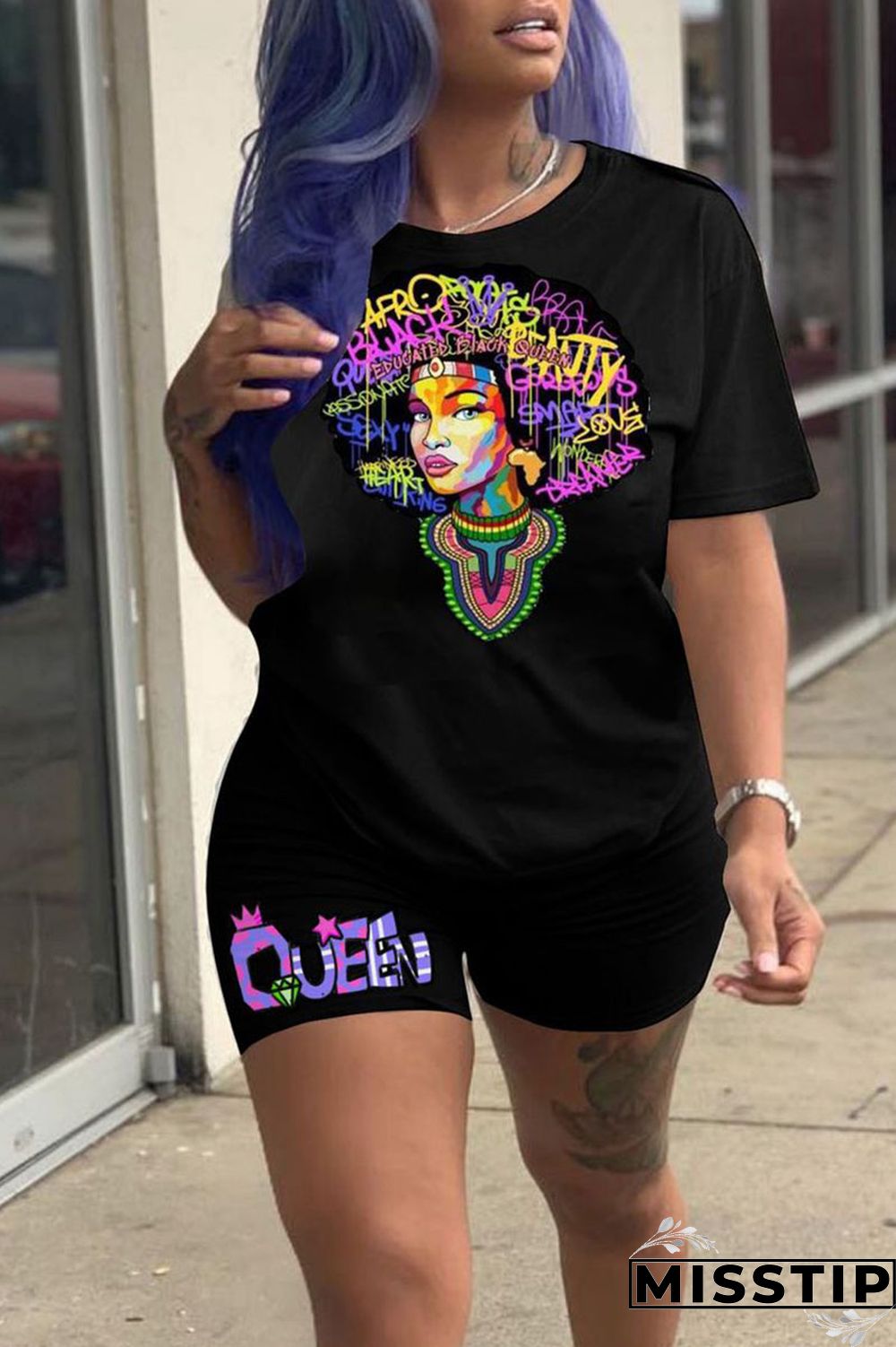 Black Casual Print Patchwork O Neck Short Sleeve Two Pieces