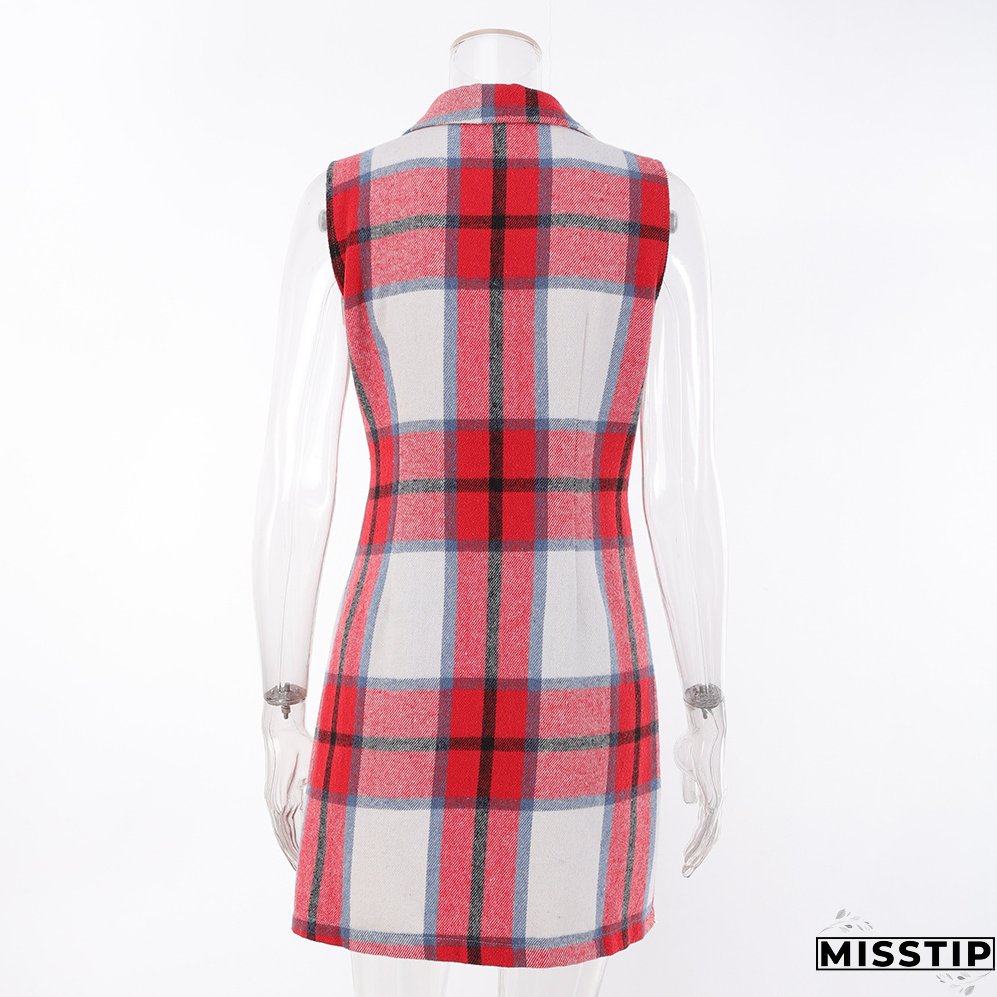 Women's Fashion Plaid Long Vest Turndown Collar Sleeveless Blazer