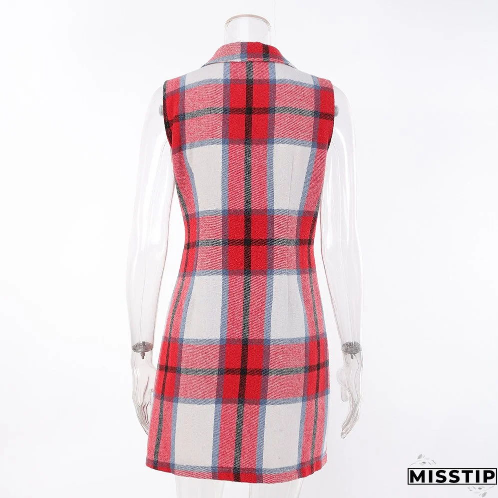 Women's Fashion Plaid Long Vest Turndown Collar Sleeveless Blazer