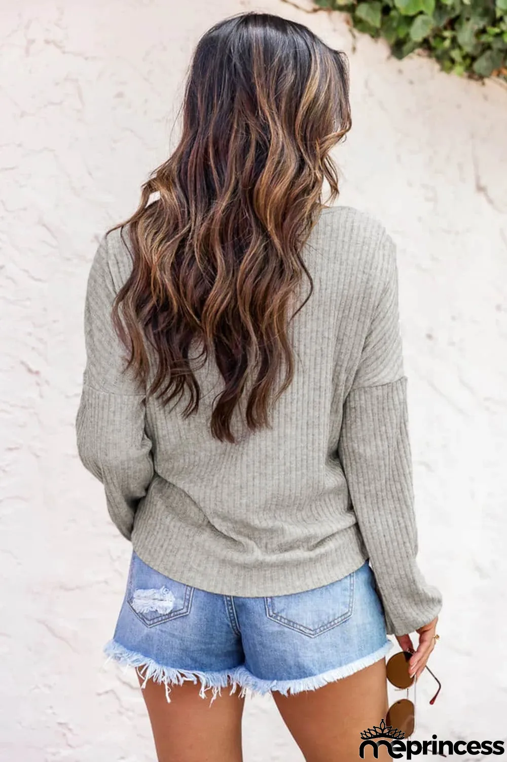 Gray Ribbed Drop Shoulder Long Sleeve Top