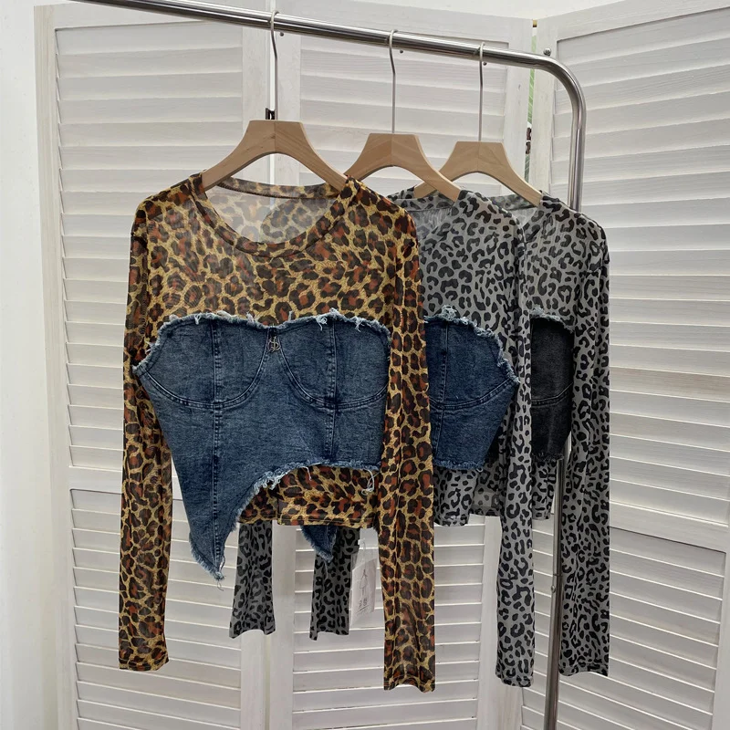 Nigikala Nigikala Shooting Fashion Leopard Tard Tard Babes Mesh Splicing Denim Irregular Bottom Shirt Short Top 2617