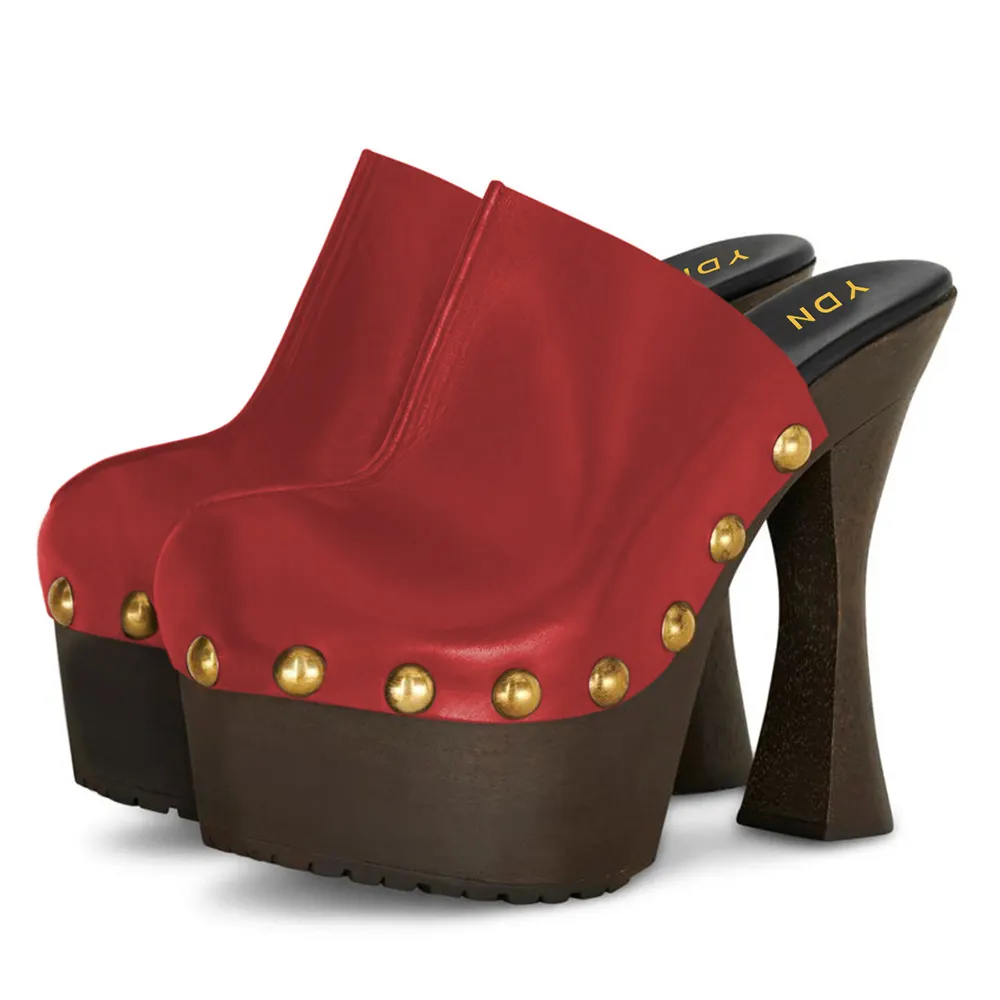 Red Vegan Leather Round Toe Platform High Heel Mules with Studs