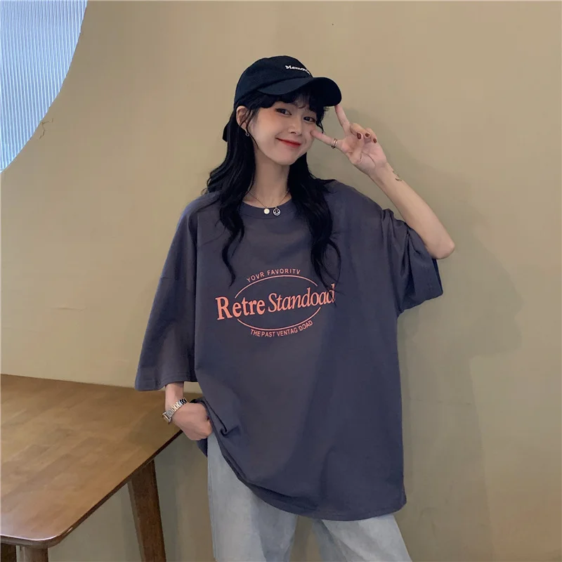 Uveng Uveng 2024 New Korean Version Retro Medium Long BF Wind Loose Large Size Net Red Ins Short Sleeve T Shirt Top Women