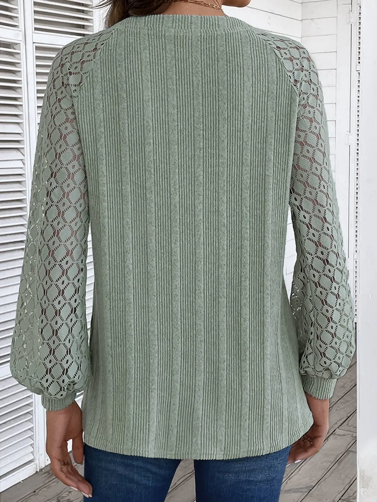 Women's Long Sleeve V-neck Solid Color Lace Top