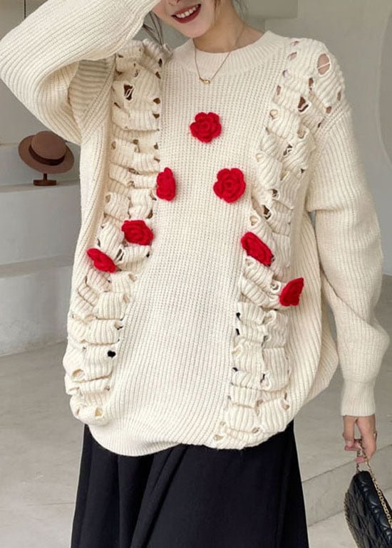 Organic Apricot Hollow Out Floral Knit sweaters Winter CK2754- Fabulory