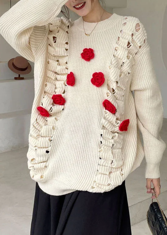 Organic Apricot Hollow Out Floral Knit sweaters Winter