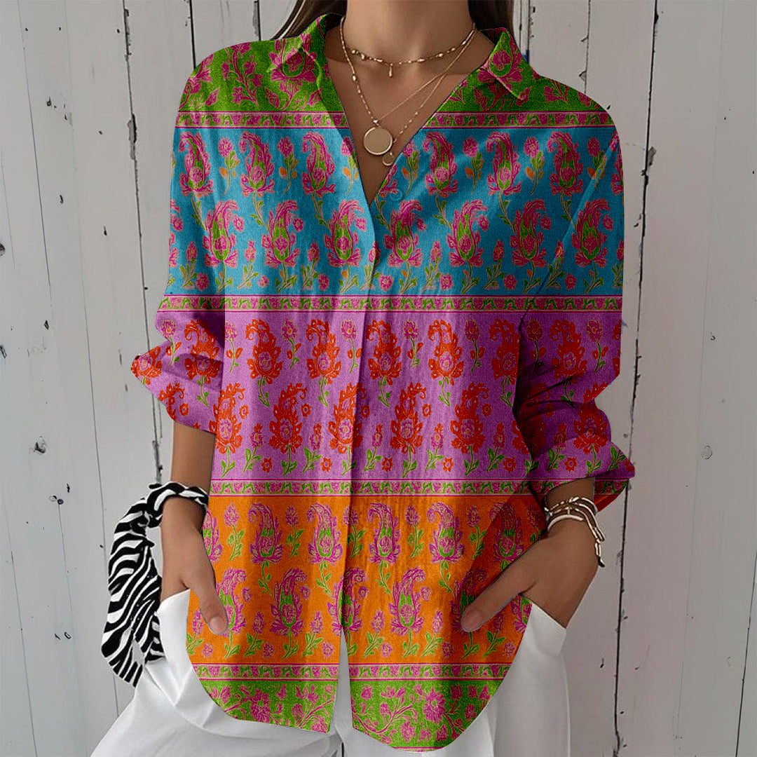 Women Long Sleeve V-neck Graphic Floral Printed Top