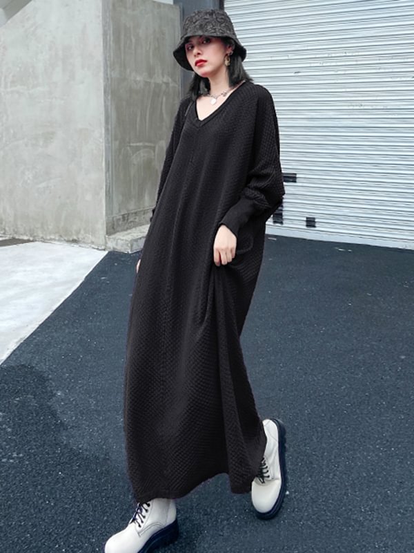 Vintage Solid Color Split-Joint  V-Neck Sweater Dress