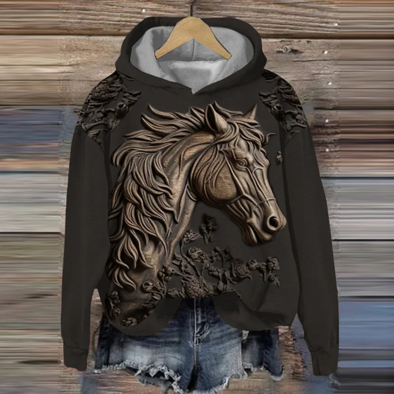 Western Horse Print Casual Hoodie