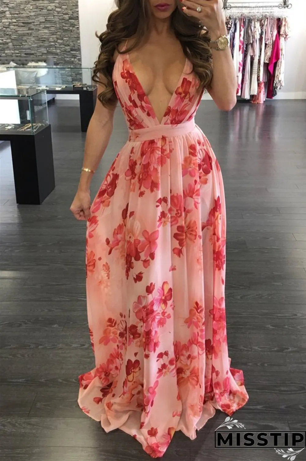 Pink Fashion Casual Print Backless V Neck Sling Dress