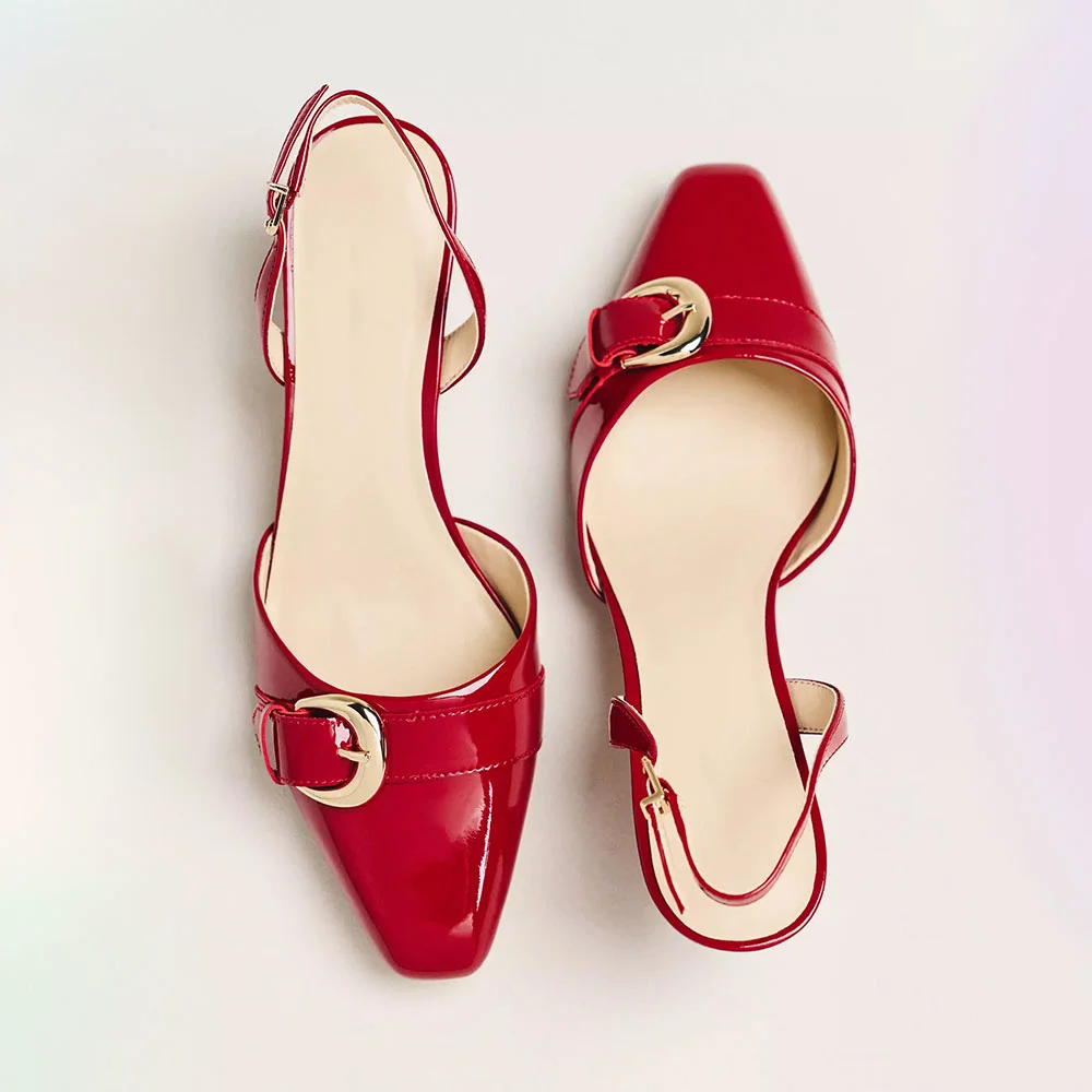 Red Patent Leather Pointed Toe Kitten Heel Slingback Pumps with Buckle