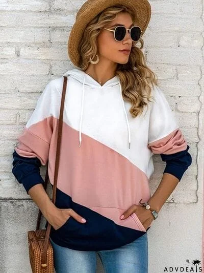 Color Block Drawstring Pocketed Hoodie