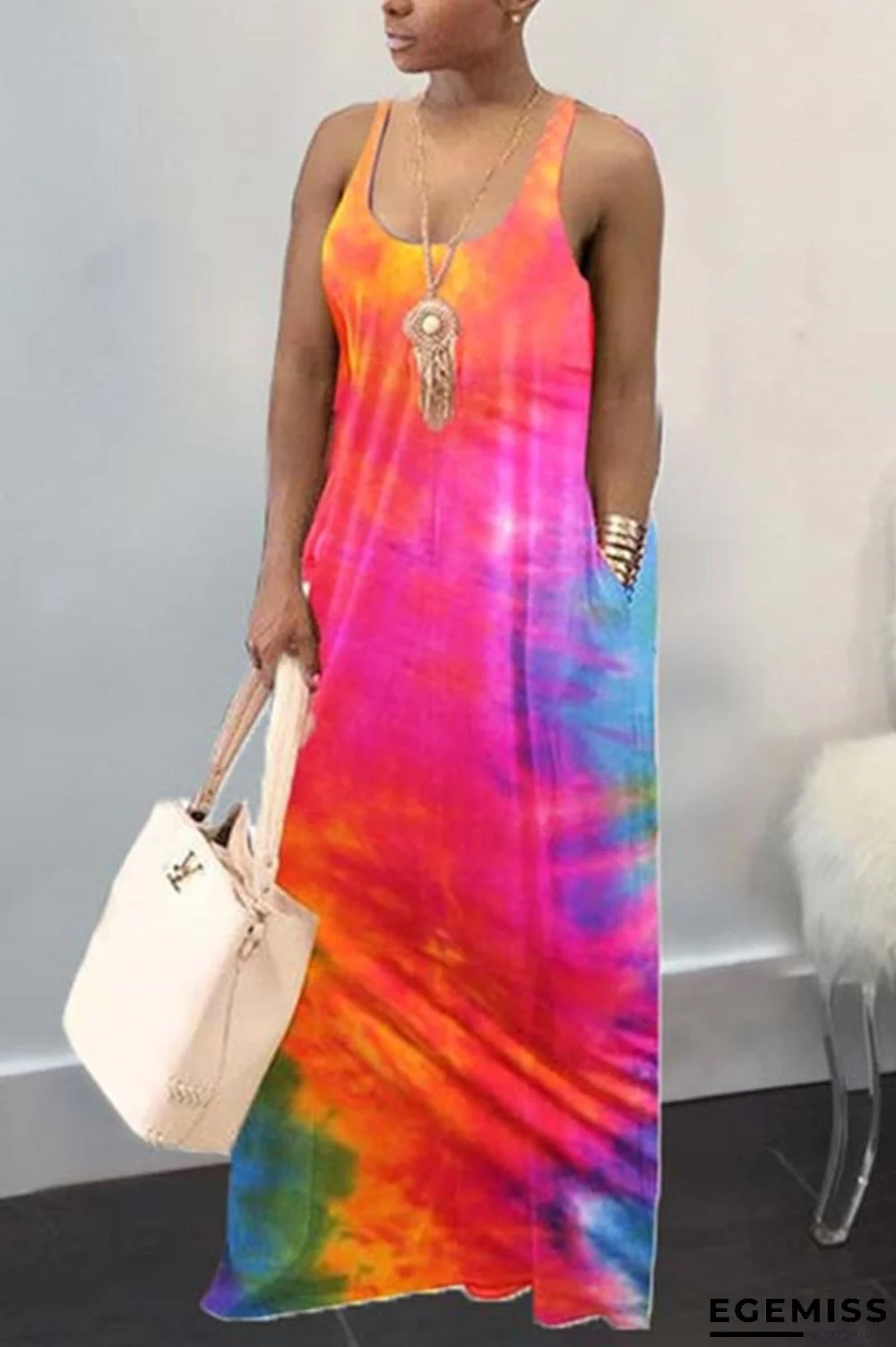 Orange OL Orange Yellow rose red Sleeveless Slip A-Line Floor-Length Print Tie and dye Dresses | EGEMISS
