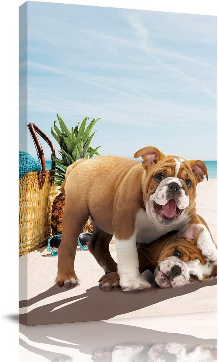 Beach Pet Dog Printed Paintings on Canvas, Wall Art for Living Room Bedroom Home Wall Decor Stretched and Framed Artwork 20x28inch, French Bulldog Playing On The Beach 20x28inch