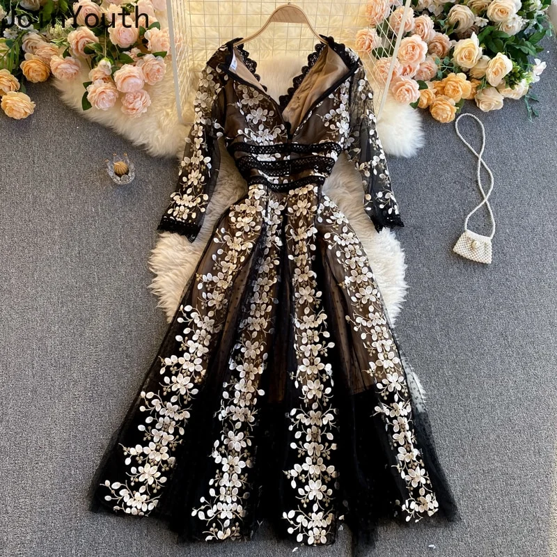 Nigikala Elegant Party Dress Women Evening Dresses Floral Embroidery Lace Gauze Woman Dress Long Robe Fashion V Neck Vestidos