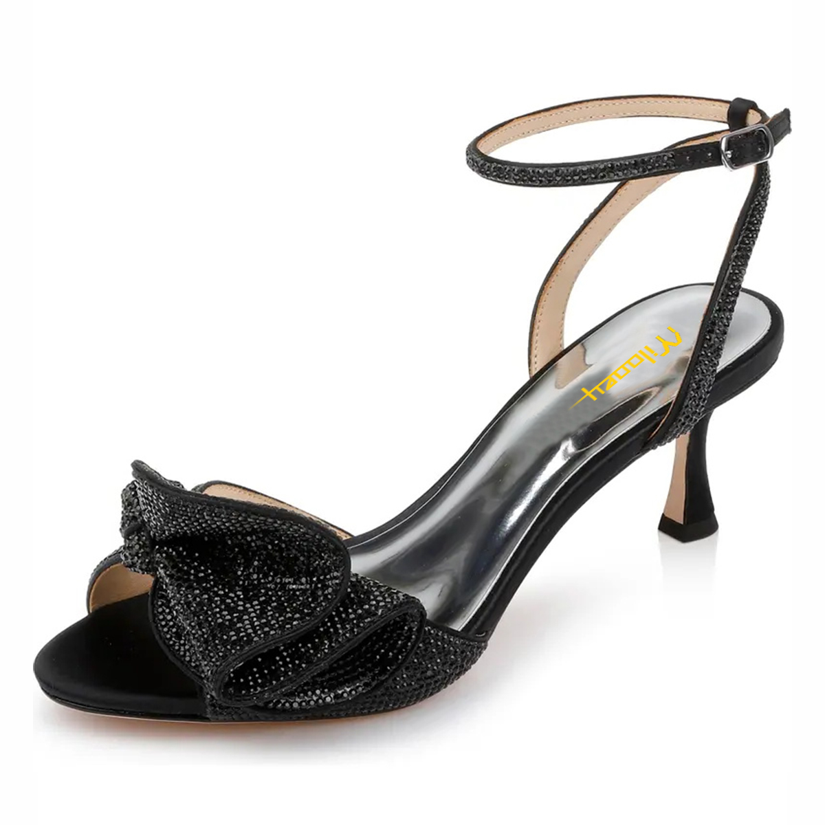 Black Round Toe Spool Heel Bridal Shoes with Ruffled Rhinestone Accent Nicepairs