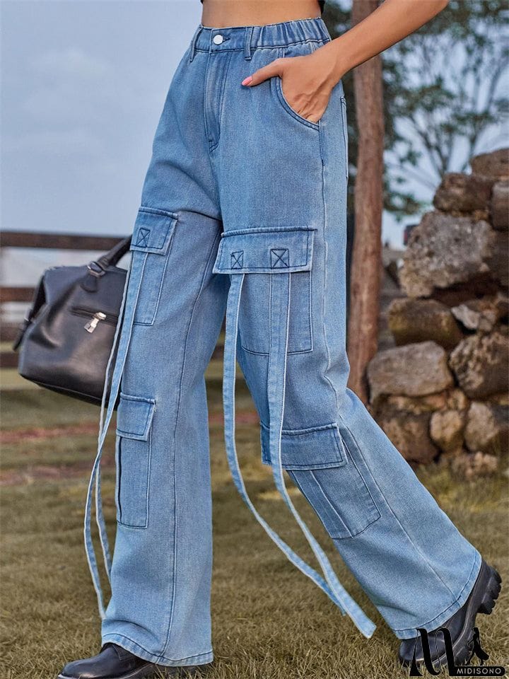 MidiSono - Retro Personality Lady Ribbon Design Denim Trouser
