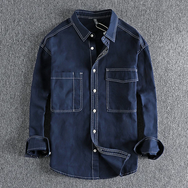 Vintage Cotton Single-Breasted Workwear Long-Sleeve Shirt