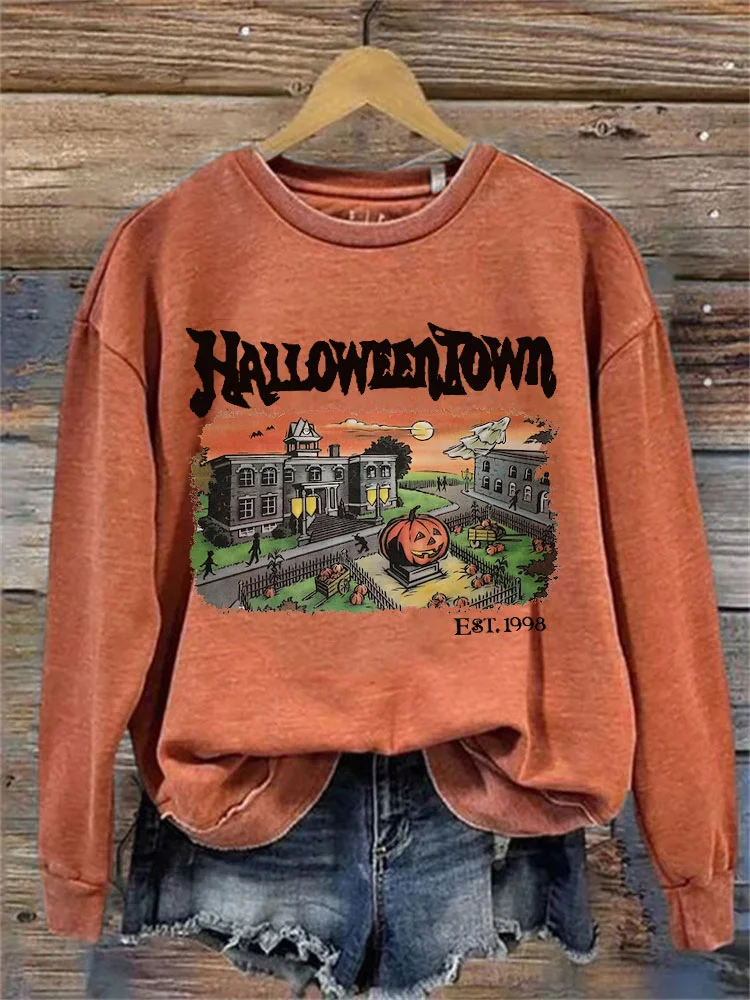 Women's HalloweenTown Pumpkin Print Long Sleeve Sweatshirt
