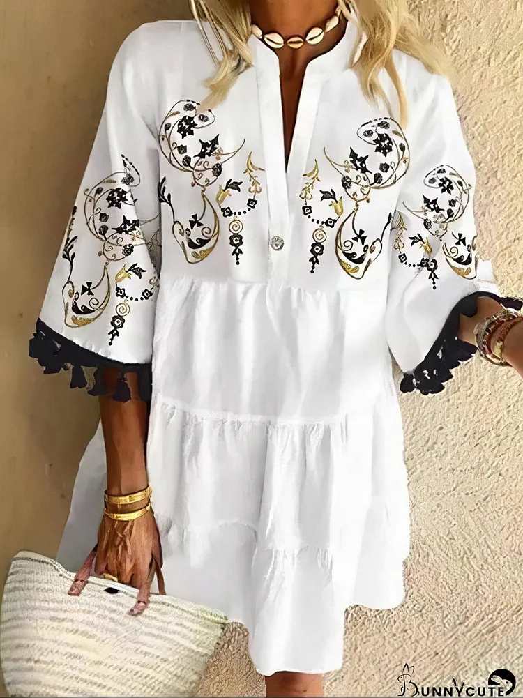 Floral Print Fringed V-neck Mini Dress