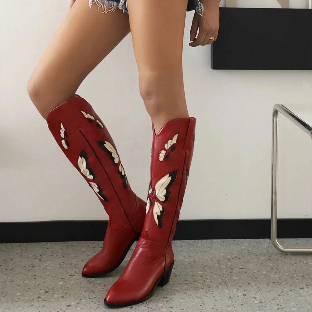 Red Almond Toe Chunky Heel Butterfly Inlay Cowboy Boots for Women