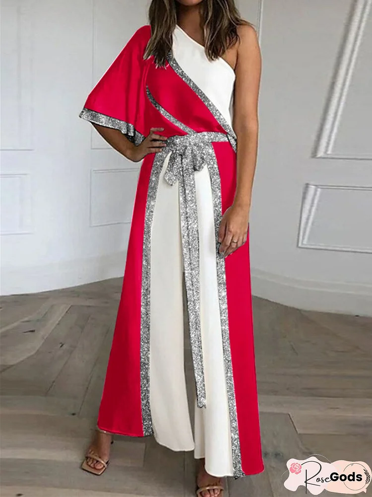 Women's New Fashion Solid Color Diagonal Neck One-Piece Wide Leg Pants