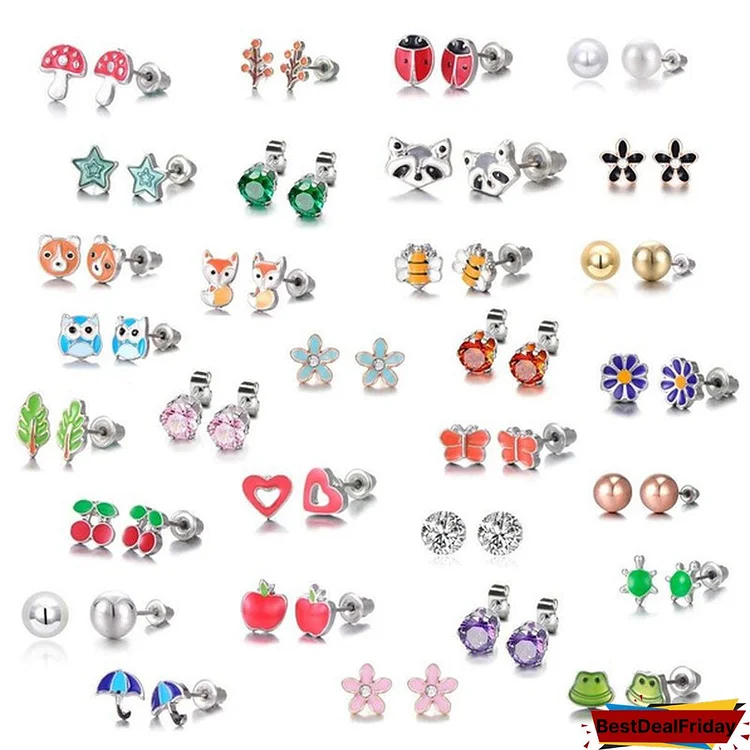 20 Pairs Stainless Steel Mixed Color Cute Animals Fox Heart Star Ladybug Bee Frog Mushroom Tree Daisy Umbrella Rose Gold White Pearl CZ Jewelry Stud Earrings Set (animal tree pearl)
