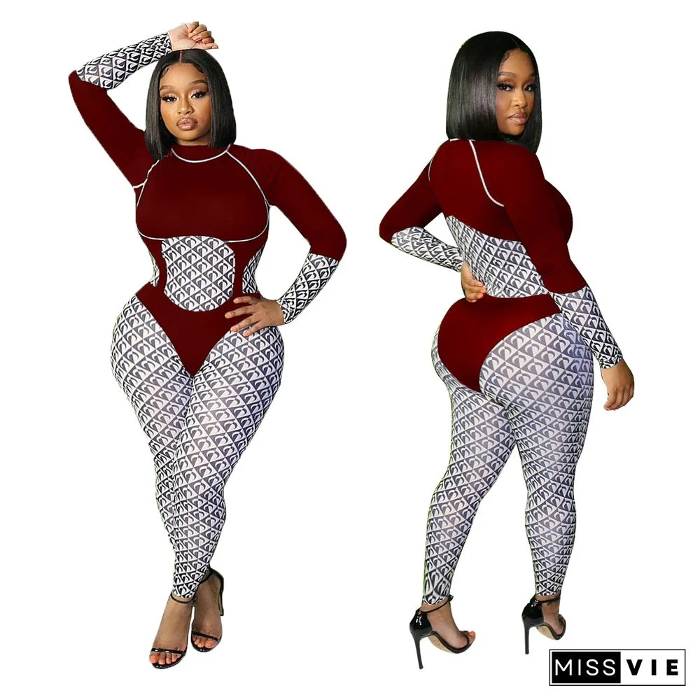 Patchwork Print O Neck Long Sleeve Bodycon Jumpsuit