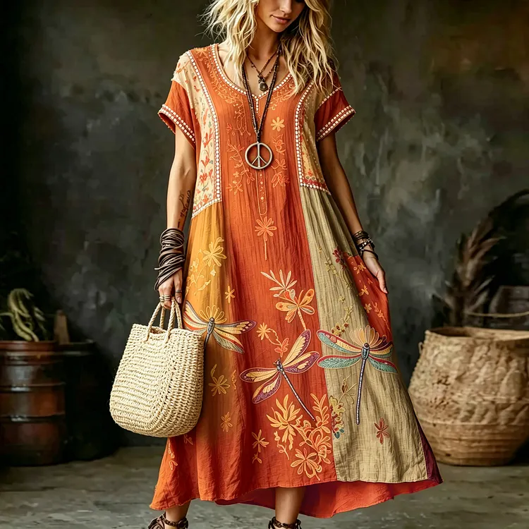 Women's Vintage Hippie Floral And Dragonfly In Patchwork Pattern Art Embroidered Linen Blend Maxi Dress