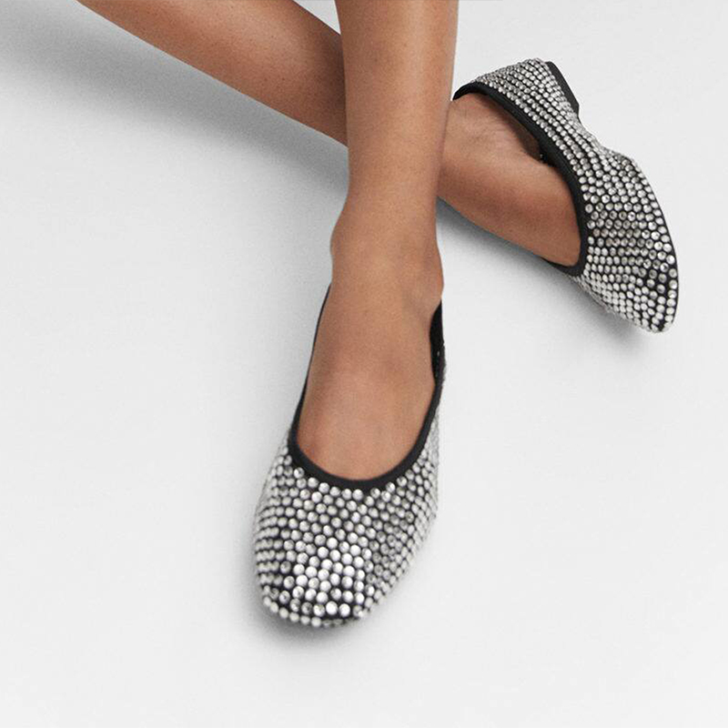 FSJ Black Round Toe Comfy Rhinestone Ballet Flats Nicepairs