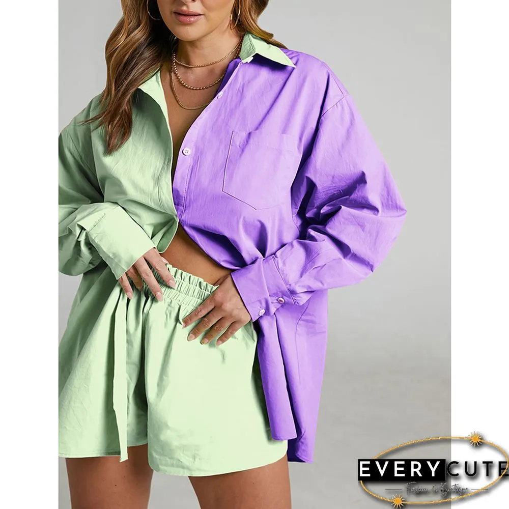 Purple Contrast Button Pocket Shirt and Short Lounge Set