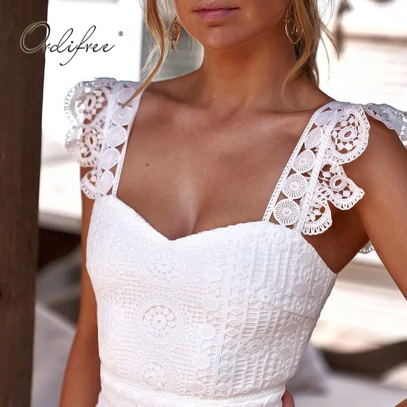 Ordifree 2022 Summer Women White Lace Party Dress Spaghetti Strap Elegant Lady Sleeveless Backless Sexy Bodycon Long Dress