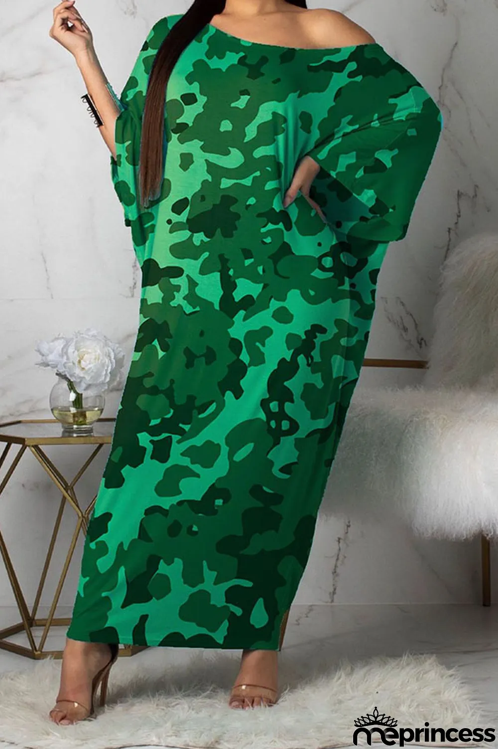 Green Casual One Shoulder Long Sleeves Step Skirt Ankle-Length camouflage Dresses